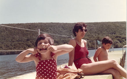 Here I am sitting on the pier of Greenwood Lake, the inspiration for Maggie's Whopper.  Beside me are Joel, about 9, and Leslie, 6.