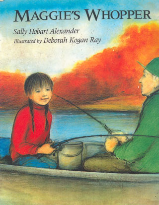 Maggie's Whopper. The cover illustration shows a young girl with braids fishing in a boat with an elderly man on a blue lake with orange and brightly-colored leaves on trees all around.